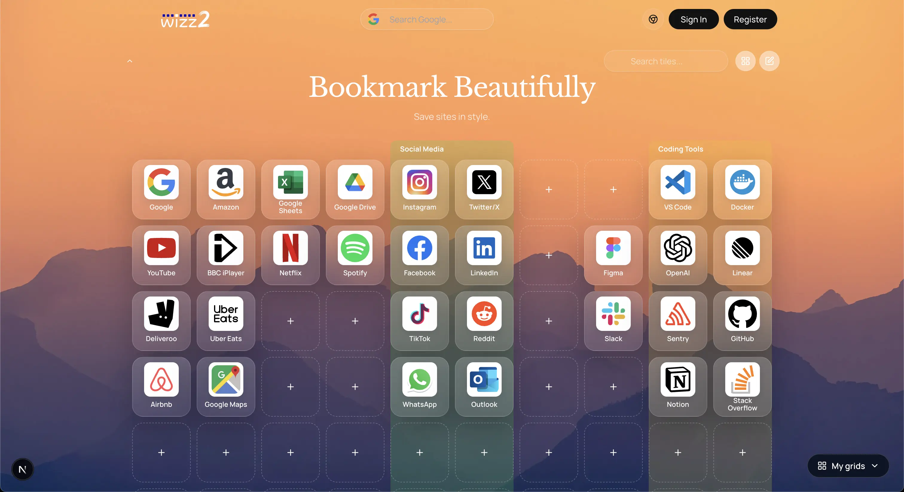 A myGridz home grid of saved links